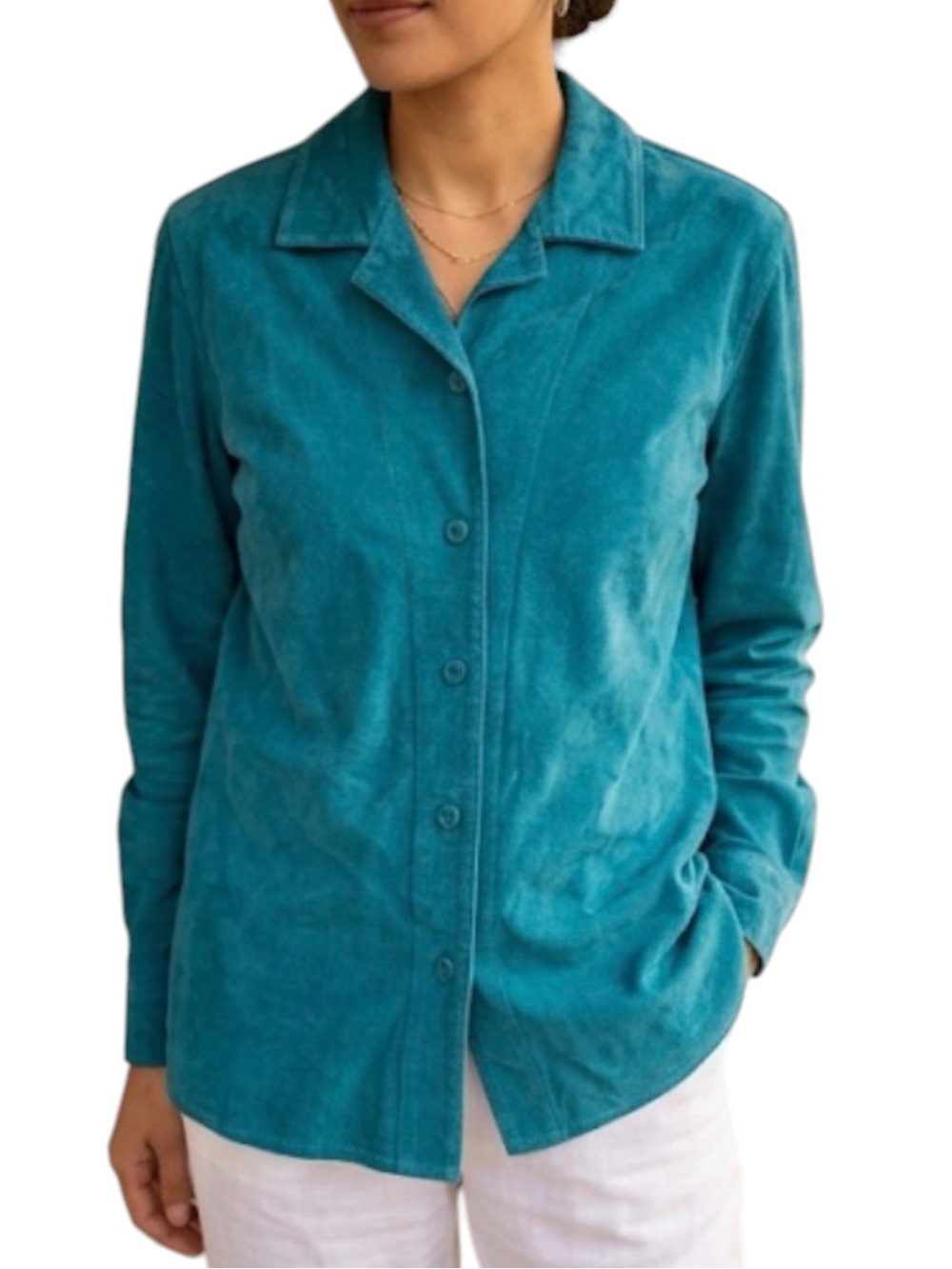 Women’s Vintage Teal Turquoise Genuine Suede Leather Button Down Shirt Jacket L